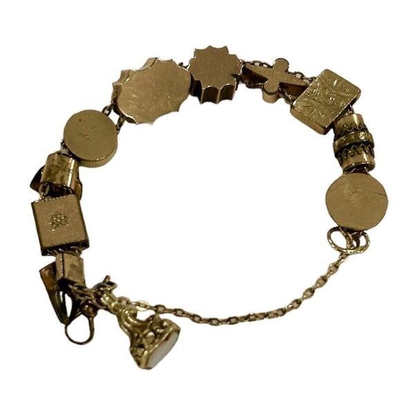 Vintage Victorian Slide Charm Gold Filled Bracelet with Mother of Pearl Fob - Picture 8 of 9